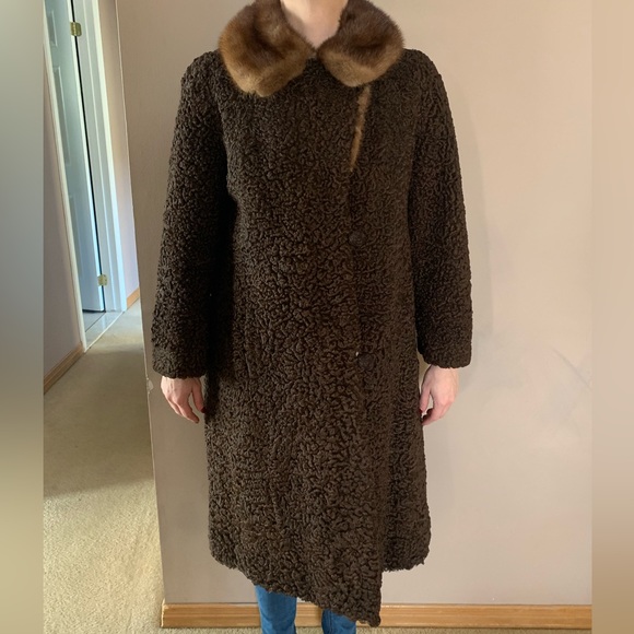 Vintage KARAKUL & Mink Collar Chocolate Brown Andrea Toronto Fur Coat - Picture 3 of 12